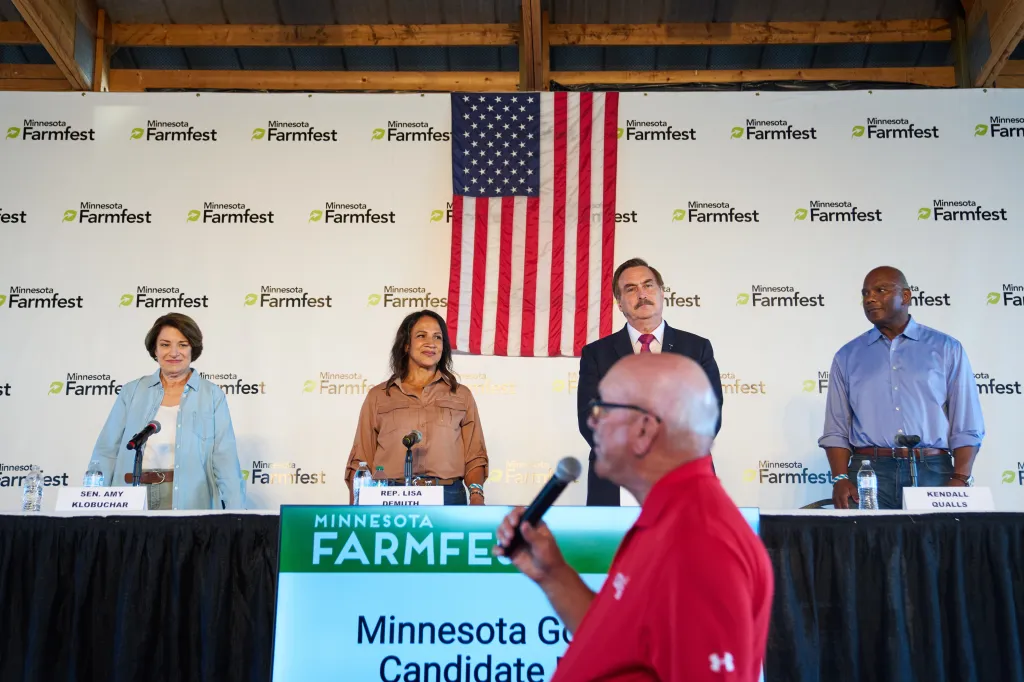 Candidates Amy Klobuchar, Lisa Demuth, Mike Lindell, and Kendall Qualls at a Farmfest forum.