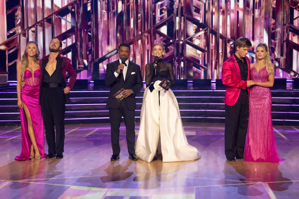Alix Earle and Valentin Chmerkovskiy, Alfonso Ribeiro, Julianne Hough, Robert Irwin and Witney Carson on a stage.