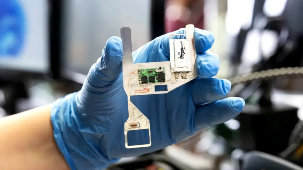 A hand in a blue glove holds a card skimmer circuit board.
