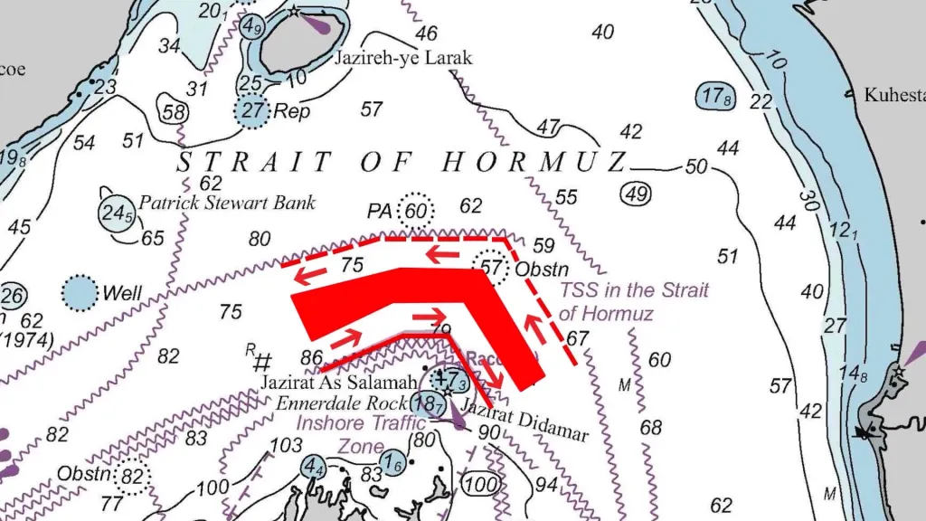 Nautical chart of the Strait of Hormuz showing shipping lanes.