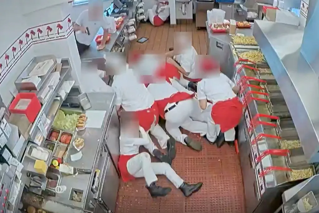 Security footage showing the shooter, Chad Williams, and multiple In-N-Out employees on the floor of the restaurant kitchen.