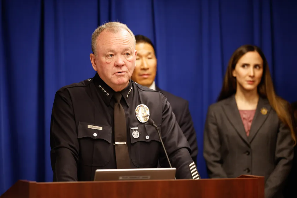 Chief Jim McDonnell speaking at a press conference.
