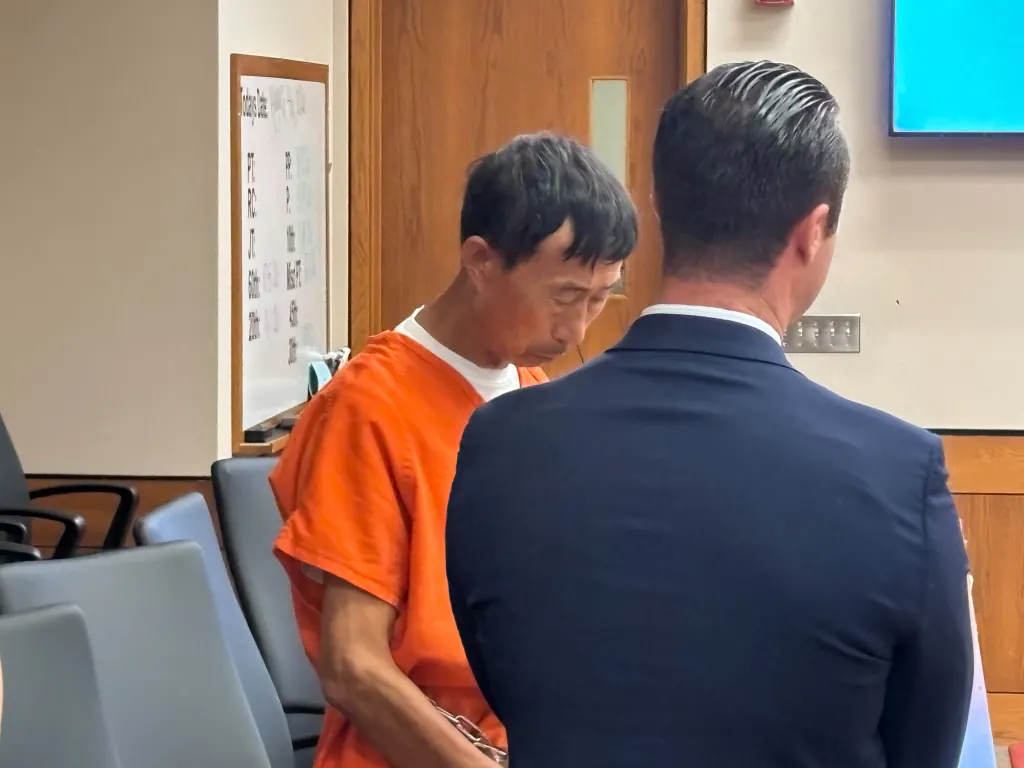 Zhengfeng Bo, an execution and trunk murder suspect, in an orange jumpsuit and handcuffs during his arraignment.