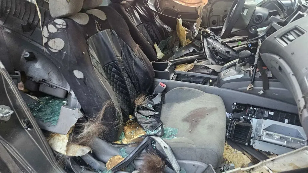 Interior of a car completely destroyed with torn seats, ripped panels, scattered insulation, and shattered glass.
