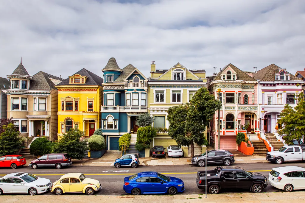 Colorful Victorian houses at Alamo Square in San Francisco.
