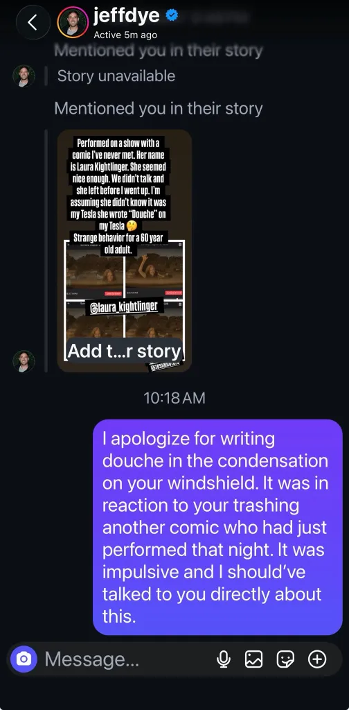 A collage of screenshots of a conversation between comedian Jeff Dye and Laura Kightlinger about Kightlinger writing 