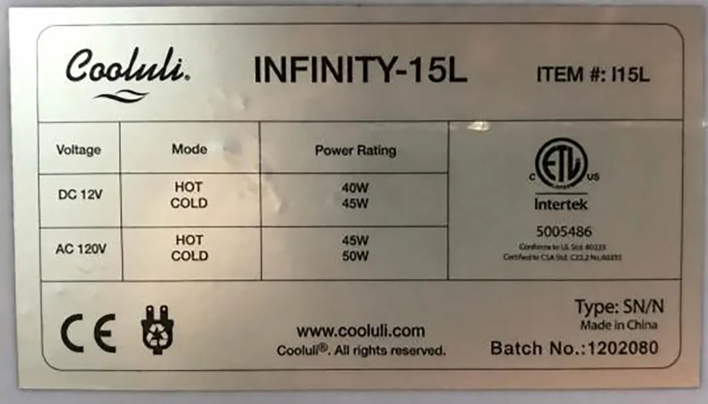 Cooluli mini-fridge label for INFINITY-15L model, displaying voltage, mode, power rating, and certification information, including Batch No.:1202080.