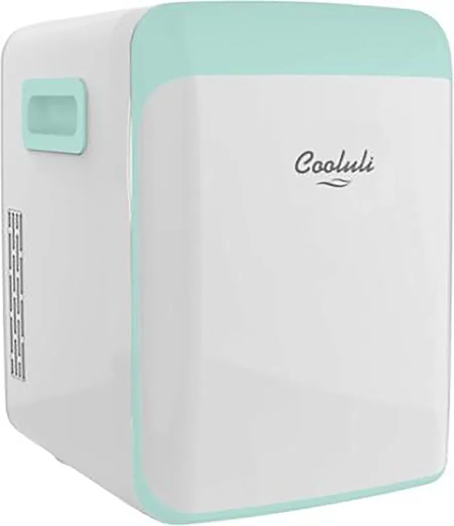 A white Cooluli mini-fridge with a light blue handle and trim.