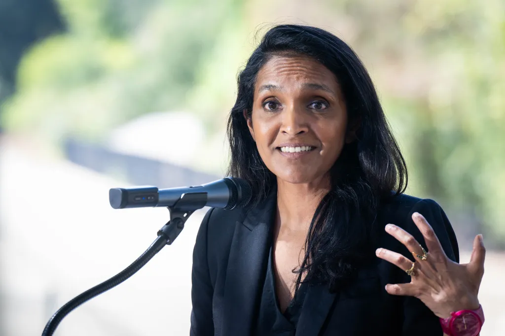 LA mayoral candidate Nithya Raman speaking at a press conference.