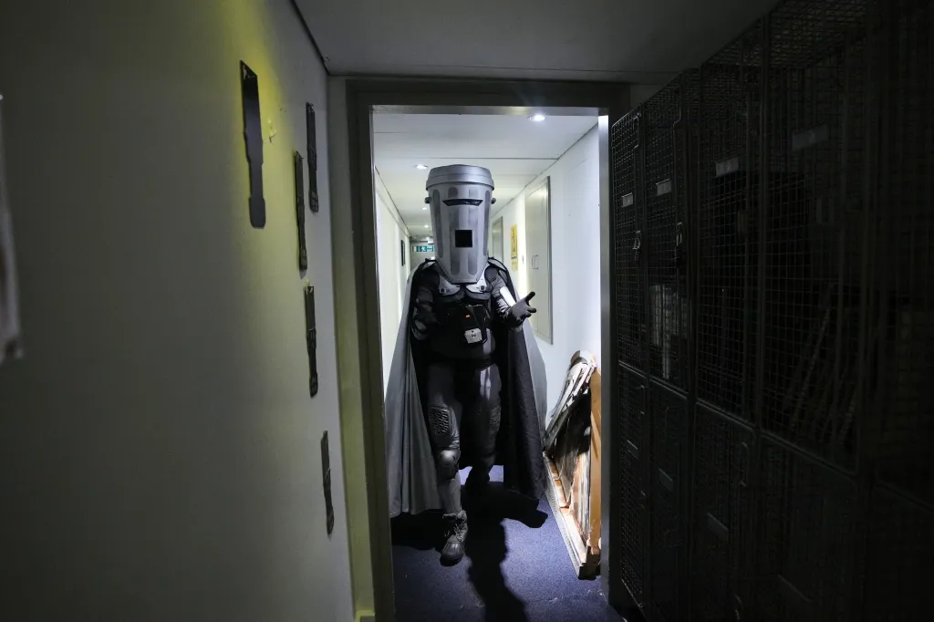 Count Binface leaves after being interviewed at a studio in London ahead of the Clacton by-election on Wednesday, July 29, 2026.