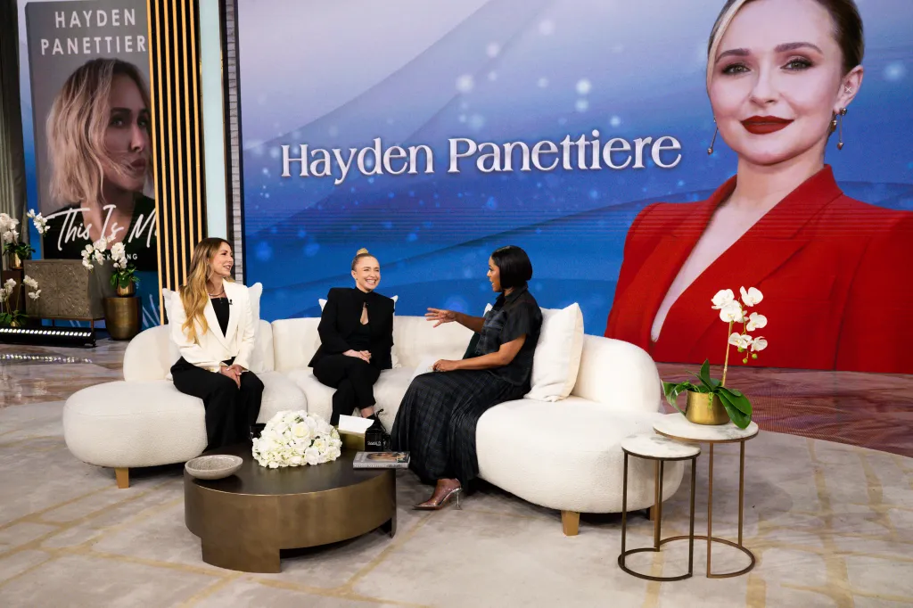 Kasey Kitchen, Hayden Panettiere, and Tamron Hall sitting on a white sofa during an interview.