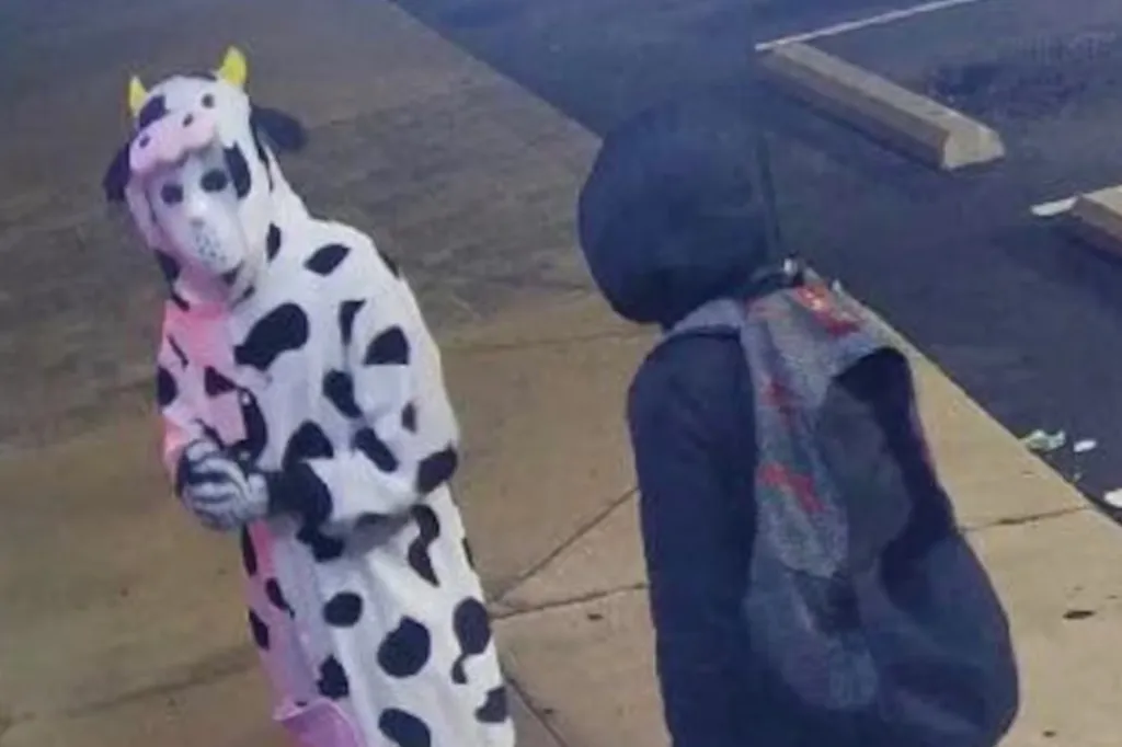 Person in a cow onesie and a Jason mask stands next to another person with a dark hoodie and backpack.