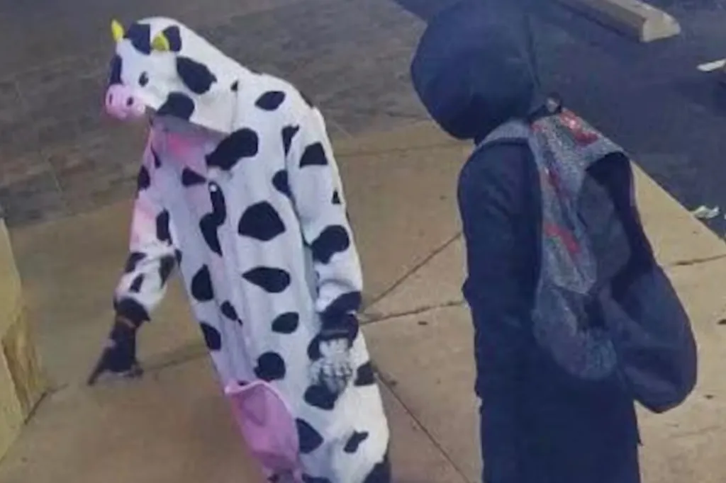 An individual in a cow onesie and another in a black hoodie with a backpack.