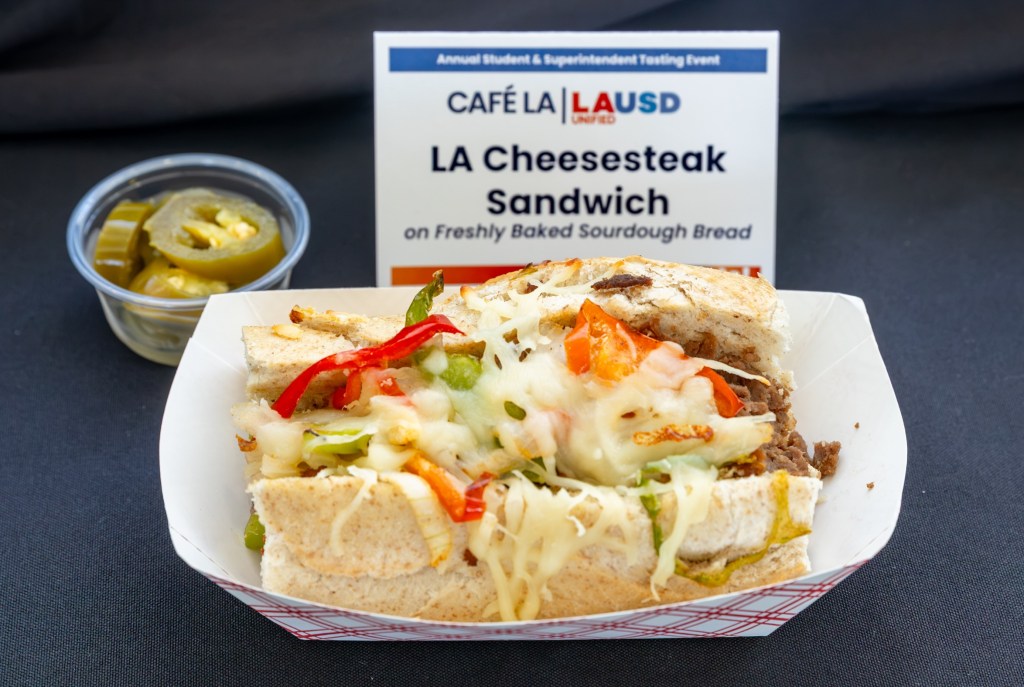 LA Cheesesteak Sandwich from LAUSD's new student-created menu, served with a side of jalapeños.