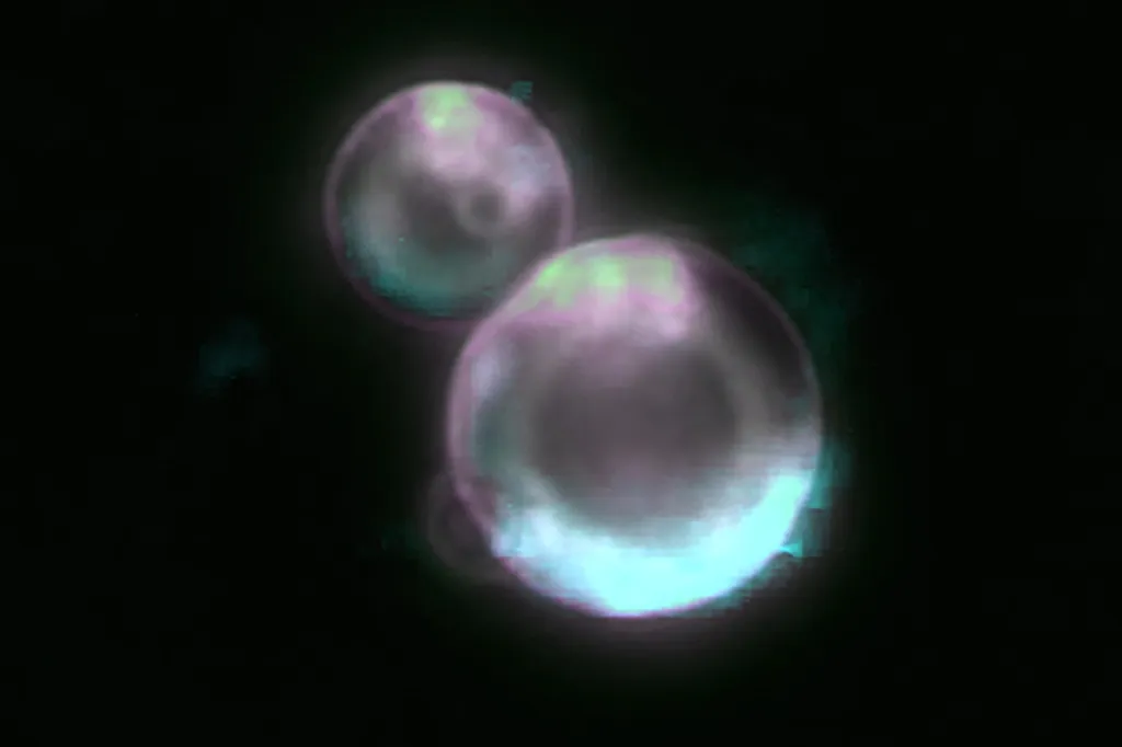 Microscopy composite image of two SpudCells mimicking cellular functions.
