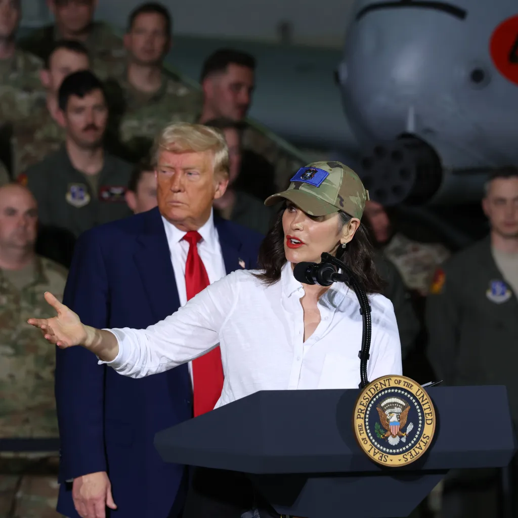 Michigan Gov. Gretchen Whitmer speaks alongside President Donald Trump during a visit at Selfridge Air National Guard Base on April 29, 2025.