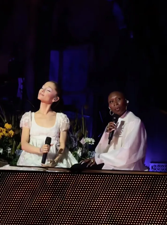 Cynthia Erivo and Ariana Grande on stage at the O2 Arena in London.
