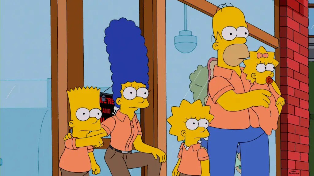 Illustration of the Simpson family looking at something outside the frame.