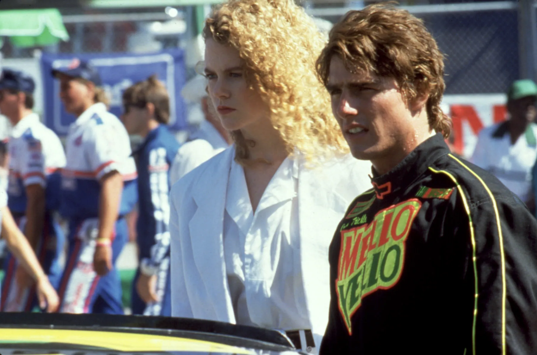 Nicole Kidman and Tom Cruise in character from the movie Days of Thunder.