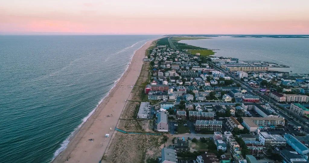 Aerial view of Dewey Beach in Delaware, a popular summertime tourist destination.