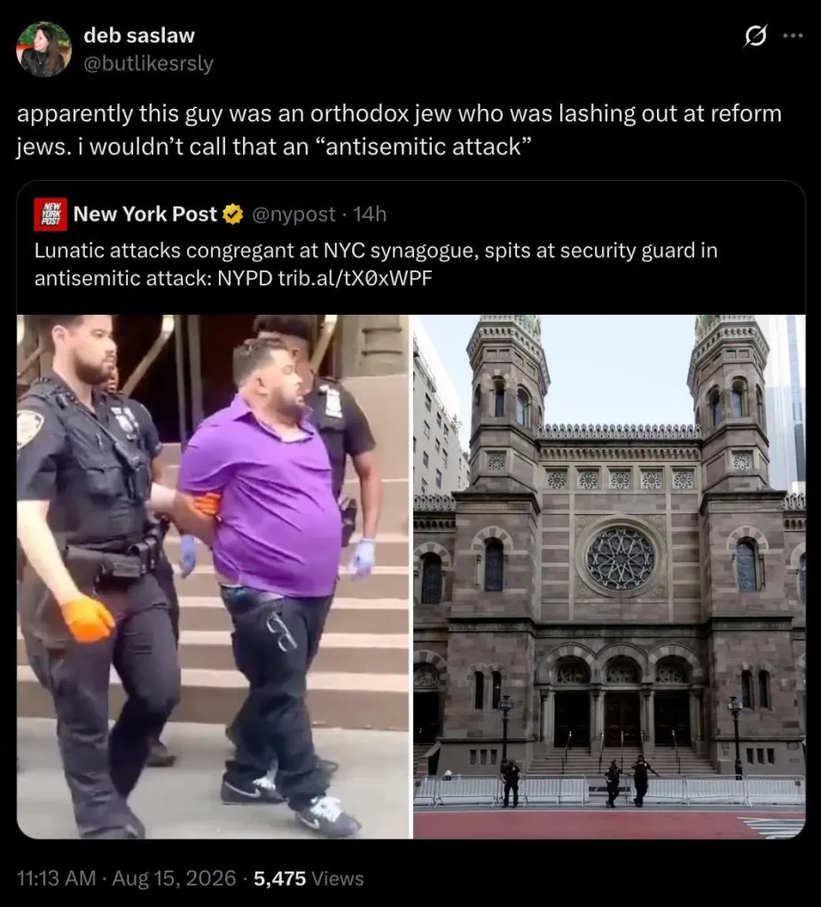 Debbie Saslaw's X post with a New York Post story and images of a man being arrested and a synagogue.