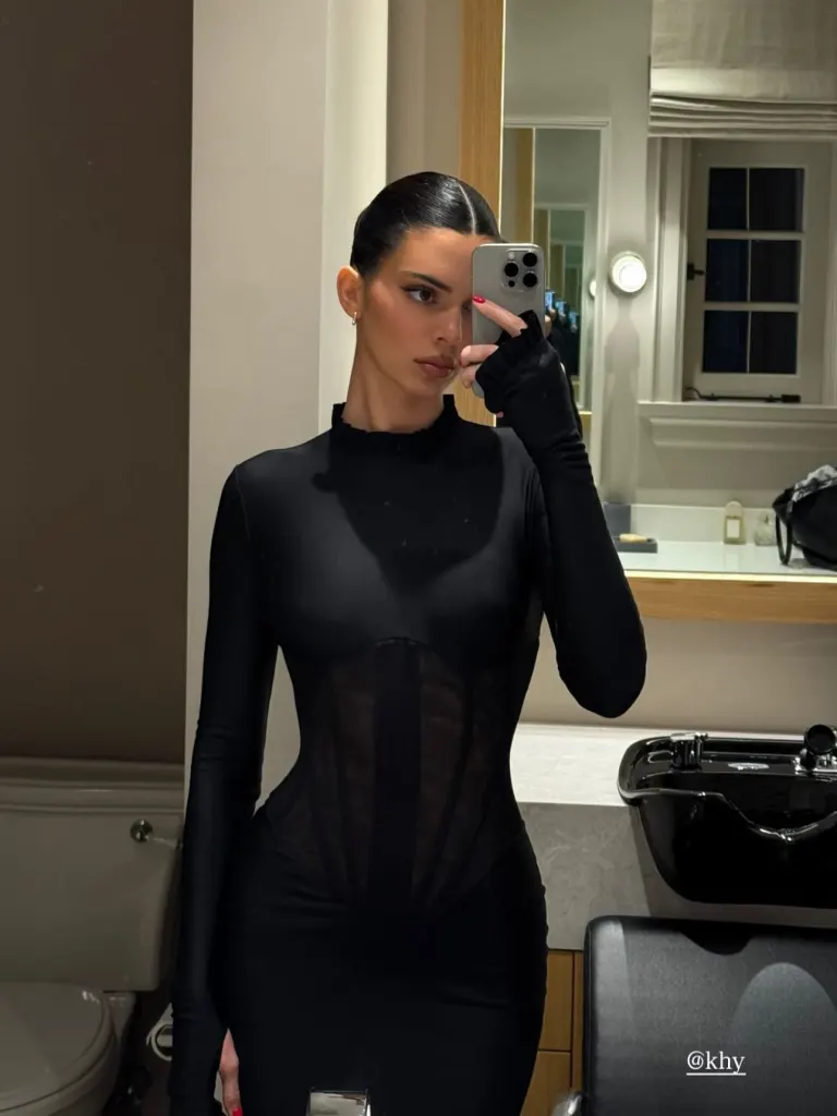 Kendall Jenner taking a mirror selfie while wearing a black long-sleeved dress with a sheer corset-style midsection.