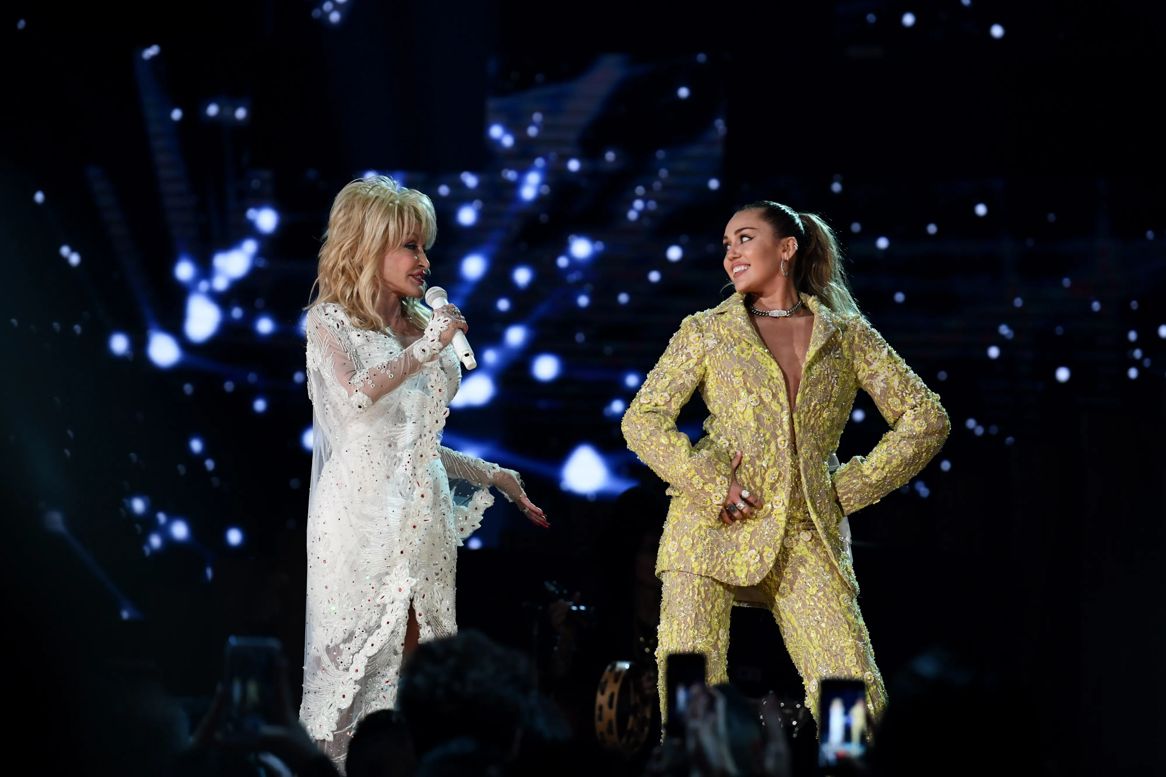 Dolly Parton and Miley Cyrus perform at the 61st Annual GRAMMY Awards.