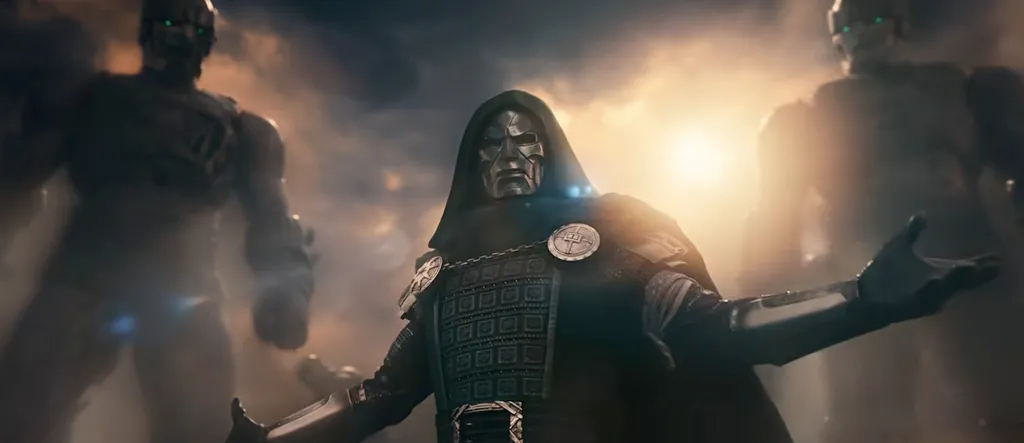 Doctor Doom with two large figures behind him in a scene from the 
