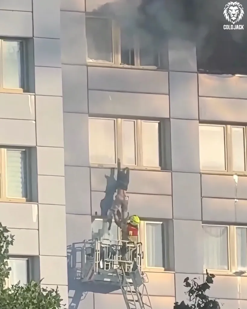 A person jumping from an 11th-floor window into a fire truck's extended ladder basket during a high-rise fire.