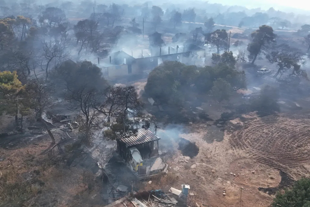 Drone view of burned settlement in Greece after a wildfire.
