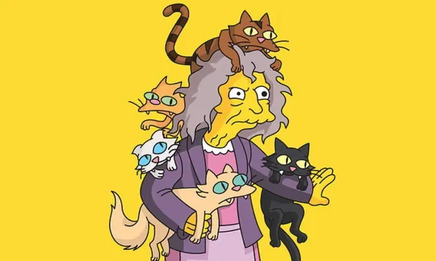 Illustration of Eleanor Abernathy, the Crazy Cat Lady from The Simpsons, surrounded by cats.