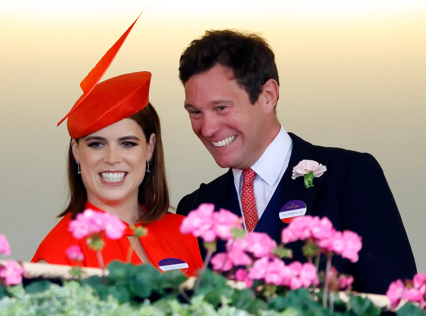 Princess Eugenie and Jack Brooksbank smile while watching races from the Royal Box.