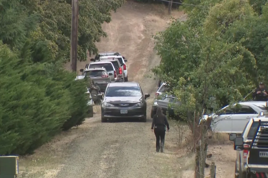 Police vehicles parked on a dirt road in Emunclaw, Washington.