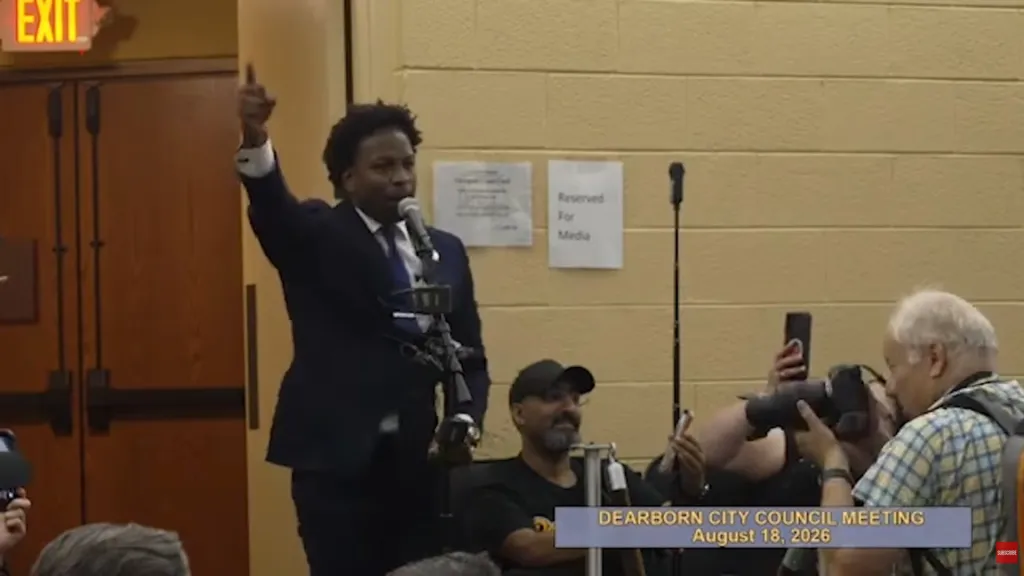Pastor Lorenzo Sewell speaks during a city council meeting in Dearborn as religious tensions erupt on Aug. 18, 2026.