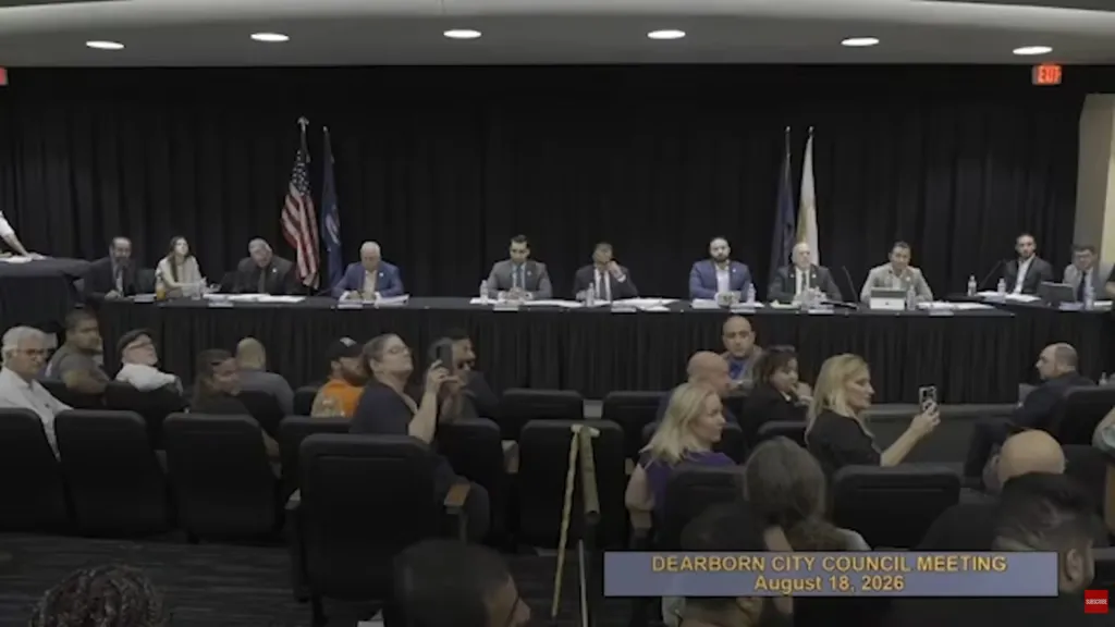 The Dearborn City Council meeting is interrupted on Aug. 18, 2026.