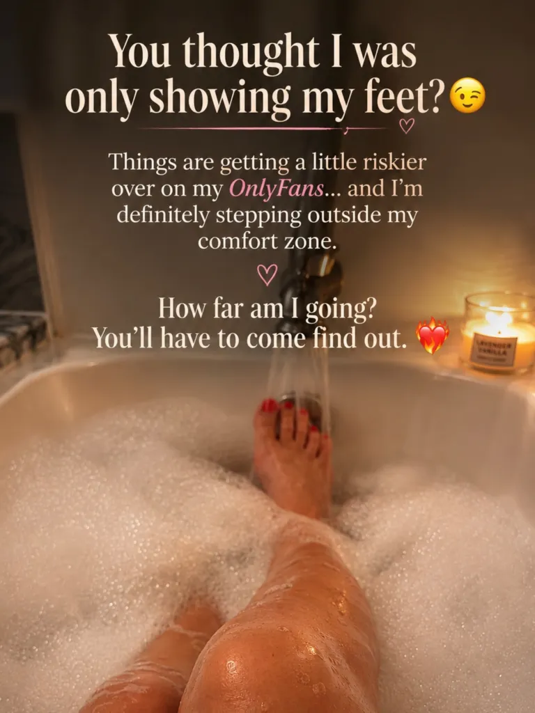 A person's legs and feet in a bubble bath, with text about OnlyFans.
