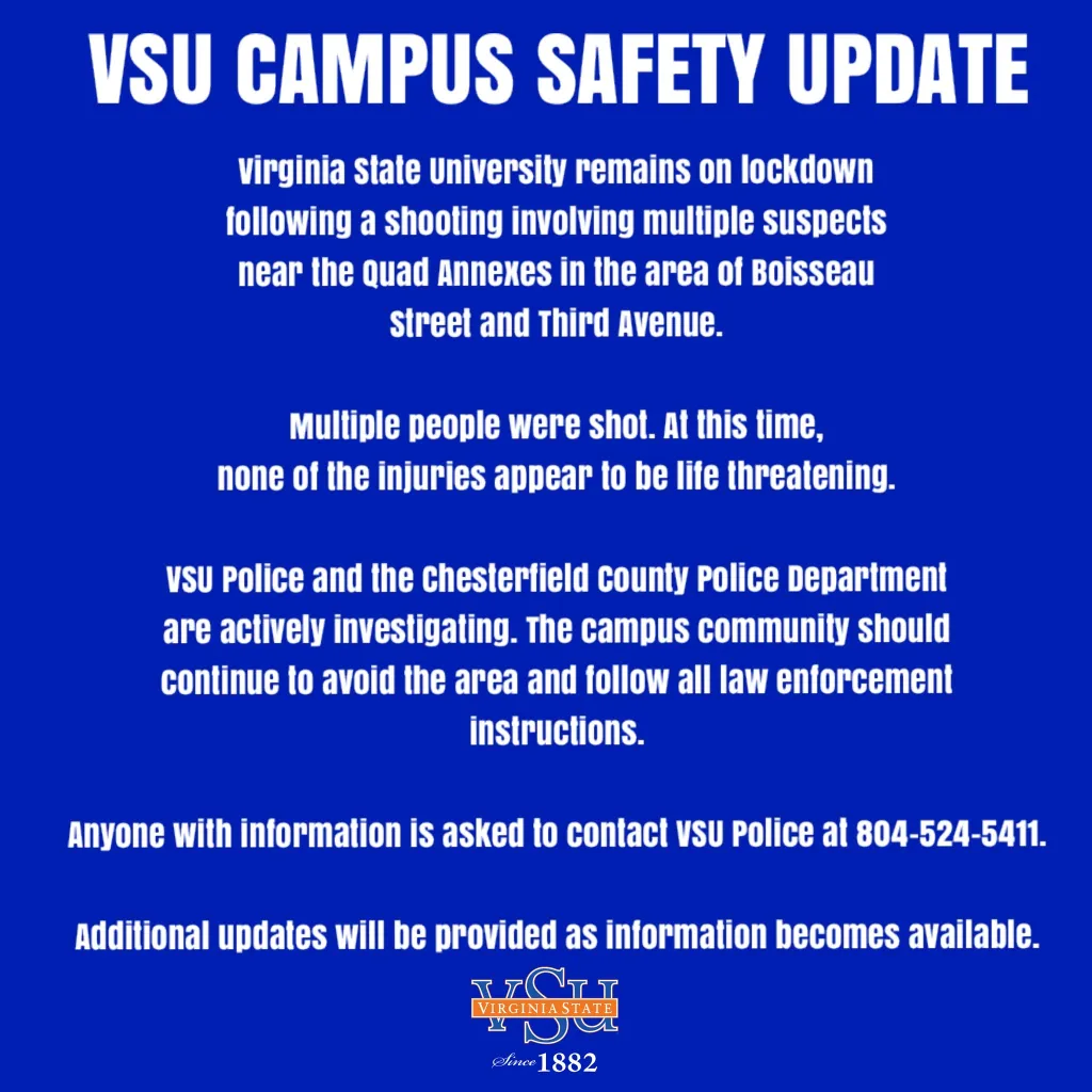Text of a campus safety update from Virginia State University stating the campus is on lockdown due to a shooting involving multiple suspects near the Quad Annexes.