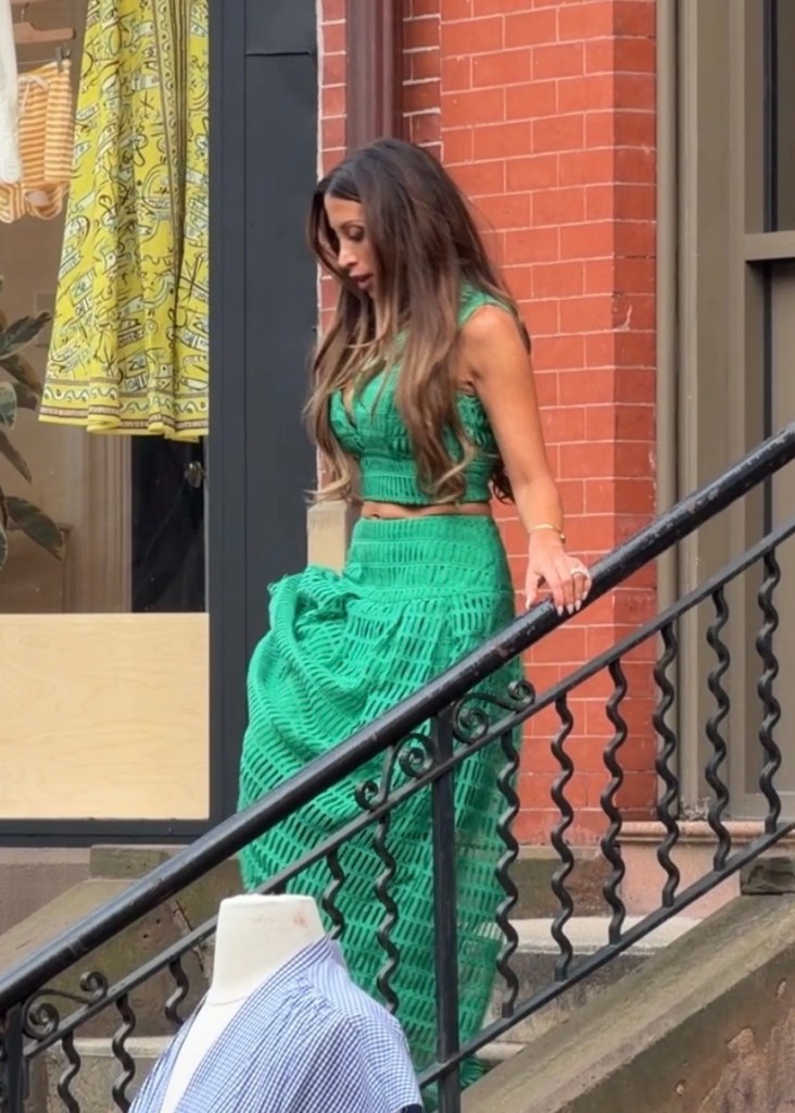 Rosie DiMare from The Real Housewives of Rhode Island walking up steps in a green two-piece outfit.