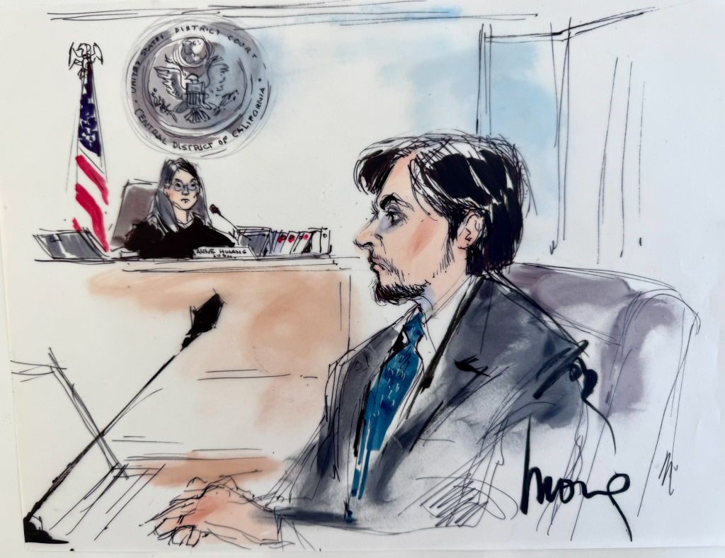 Illustration of defendant Jonathan Rinderknecht and a judge during closing arguments in the Palisades Fire federal arson trial.