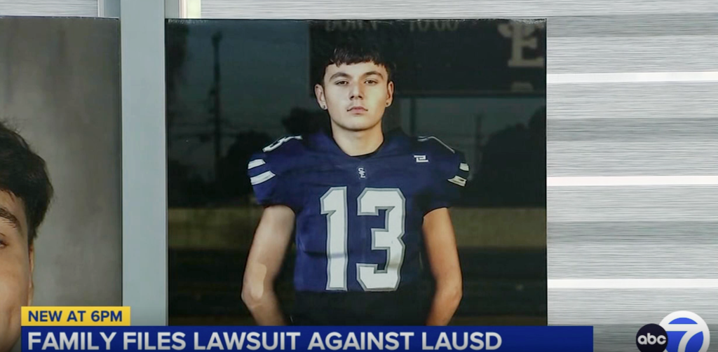 A teenage boy wearing a blue and white football jersey with the number 13, looking forward.