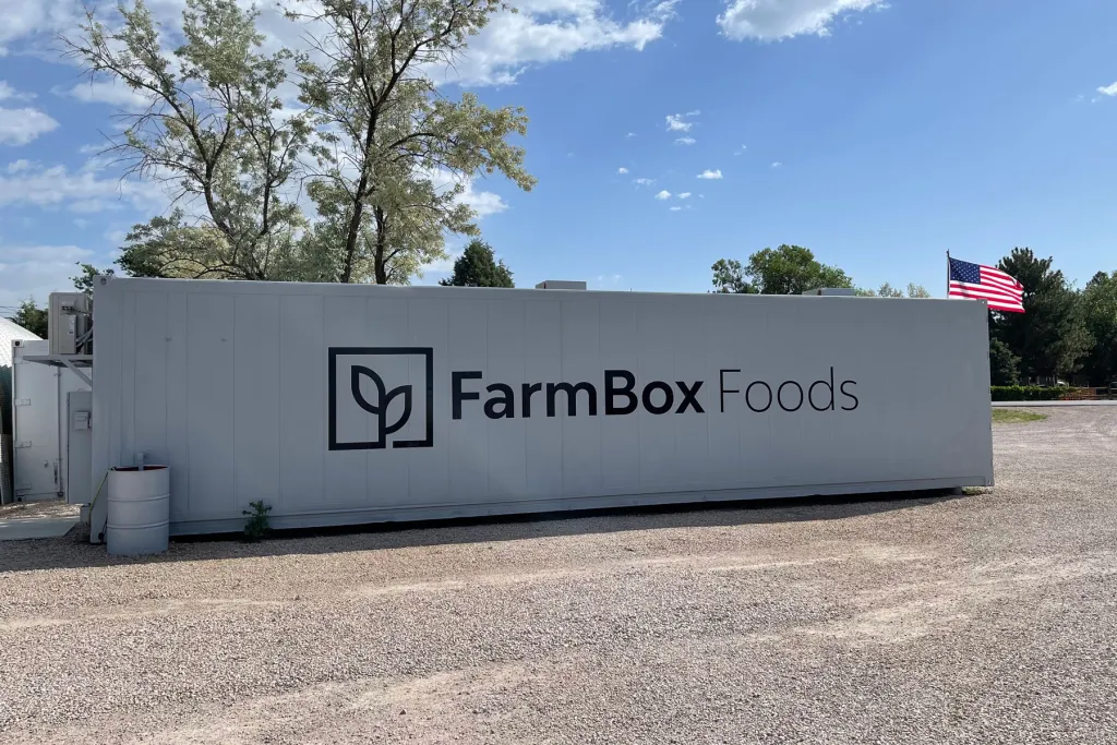 FarmBox Foods shipping container with an American flag in the background.