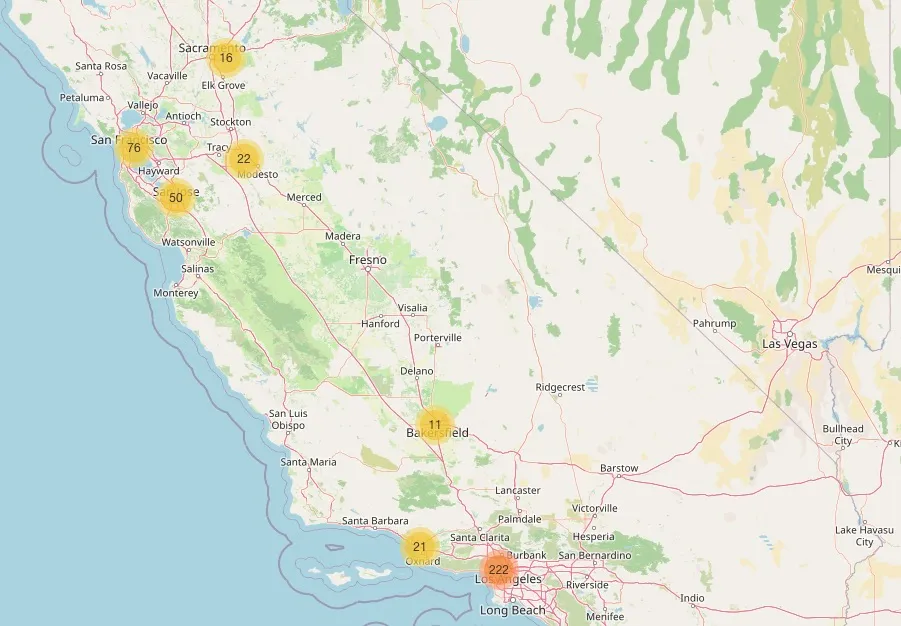 Map of red light and speed camera locations in California.