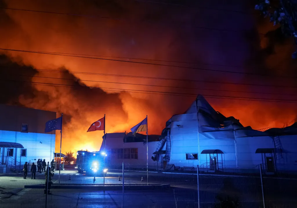 Firefighters work at the site of a Russian missile strike in the Kyiv region, Ukraine, on Wednesday, Aug. 5, 2026.