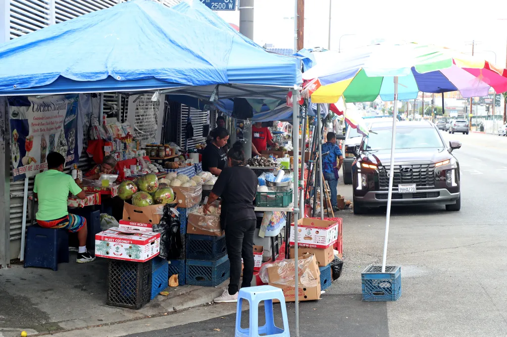 Food vendors selling coconuts and other items on Salvador Corridor, Vermont Avenue and 11th Street in Los Angeles.