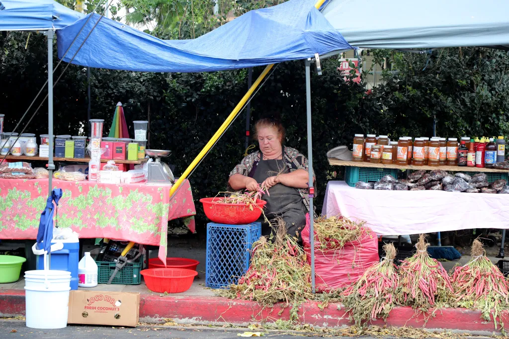A food vendor sorting fresh produce at an outdoor stall on Salvador Corridor in Los Angeles.