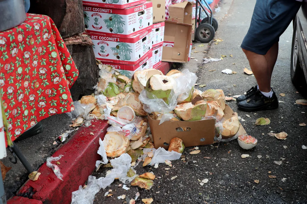 Discarded coconut shells and packaging littering the Salvador Corridor in Los Angeles.