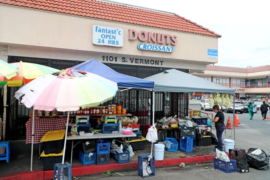 Food vendors operate under colorful umbrellas on Salvador Corridor in Los Angeles.