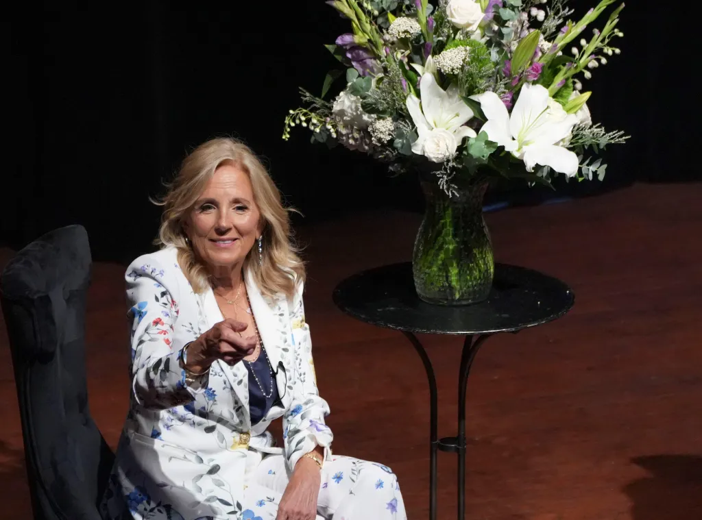 Former first lady Jill Biden speaks at a book tour event at the Queen in Wilmington, on July 14, 2026.