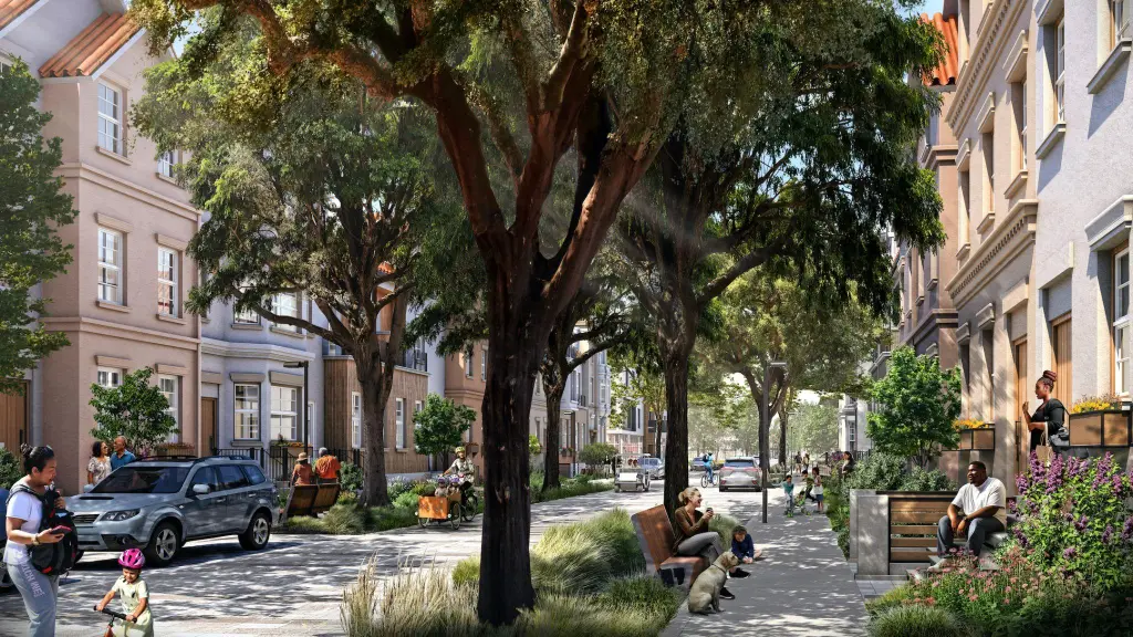Illustration of a tree-lined street with people, cars, and buildings.