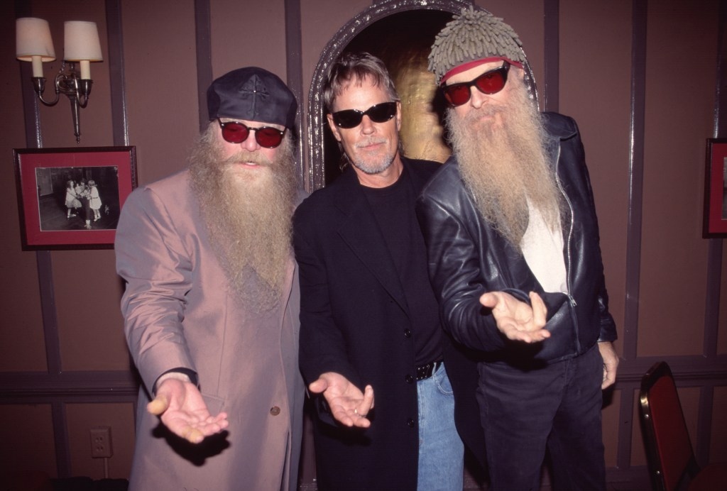 Portrait of ZZ Top members Dusty Hill, Frank Beard, and Billy Gibbons.
